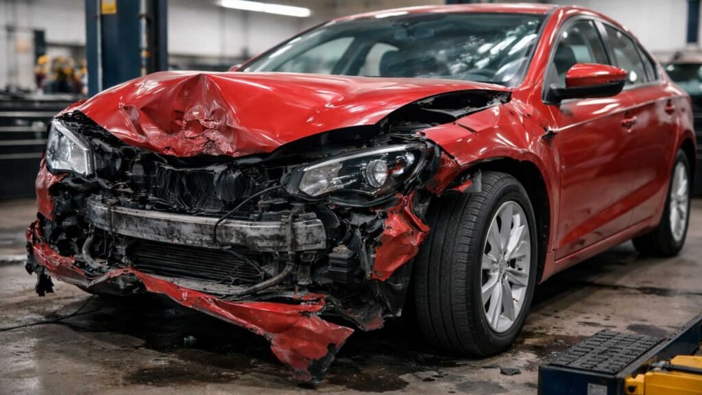 A Frame Damaged Red Car