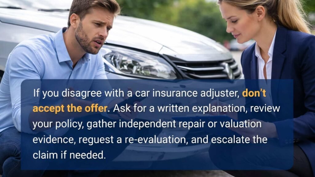 Man discussing accident damage with car insurance adjuster while reviewing claim and settlement offer, illustrating what to do if you disagree with an insurance adjuster after a car accident.