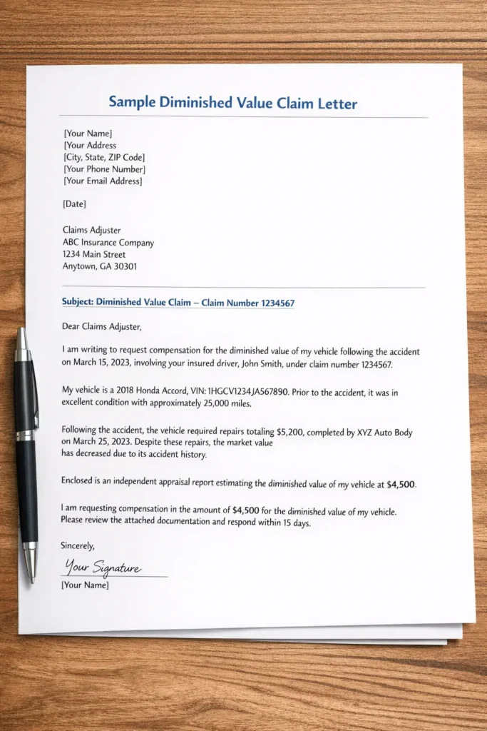 Diminished Value Claim Letter Sample